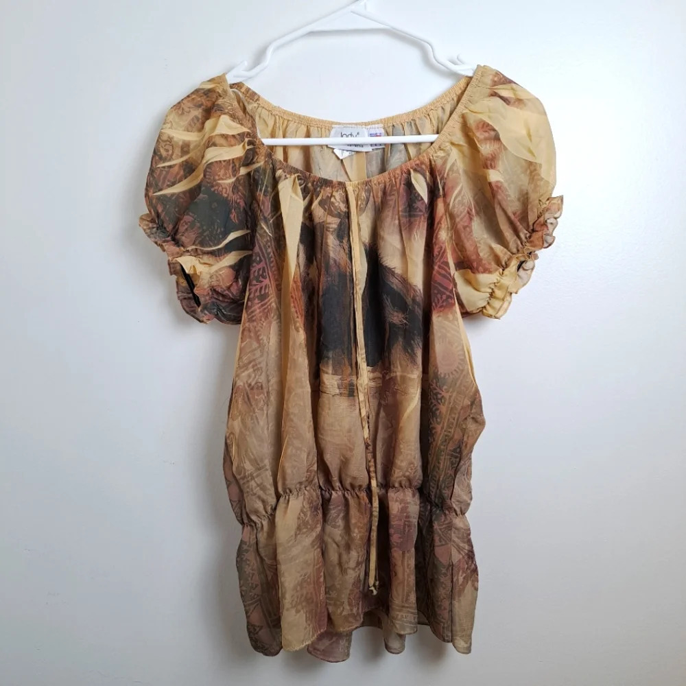 Vintage Judy Cream Brown Sheer‎ Fairygrunge Whimsygoth Puff Sleeve Blouse Size L
